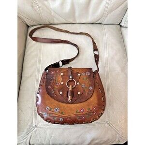 Vintage Hand Tooled Leather Crossbody Shoulder Bag Boho Braided Strap Flower